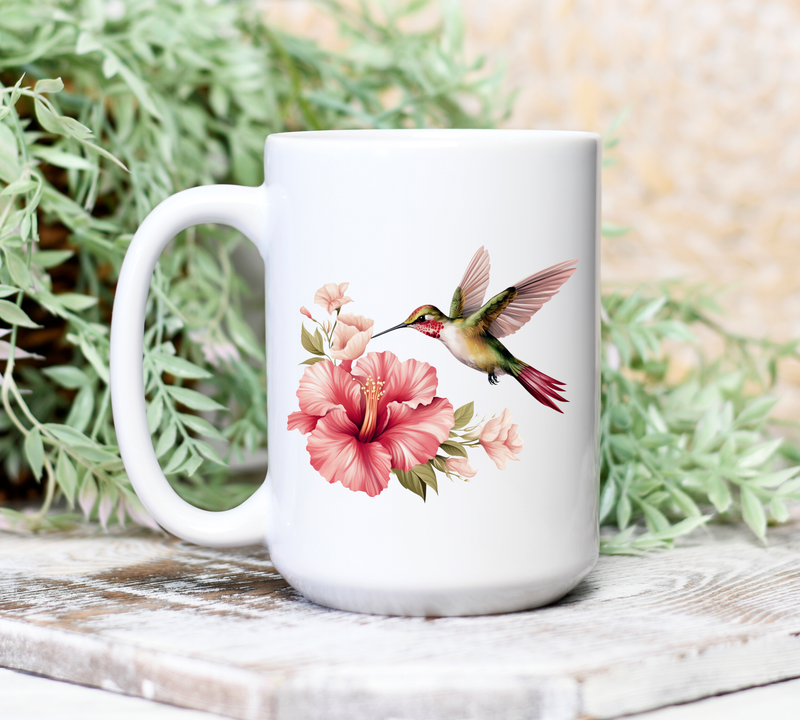 Hummingbird in Flight Flower Beautiful 15 oz Ceramic Coffee Mug - Hummingbird Cup with Flower (H2)