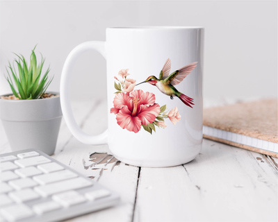 Hummingbird in Flight Flower Beautiful 15 oz Ceramic Coffee Mug - Hummingbird Cup with Flower (H2)