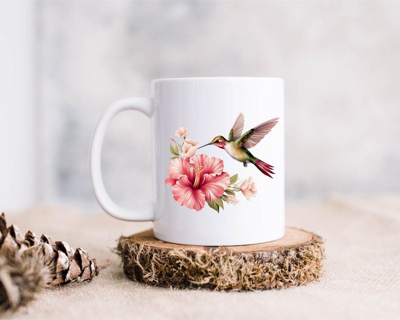 Hummingbird in Flight Flower Beautiful 15 oz Ceramic Coffee Mug - Hummingbird Cup with Flower (H2)