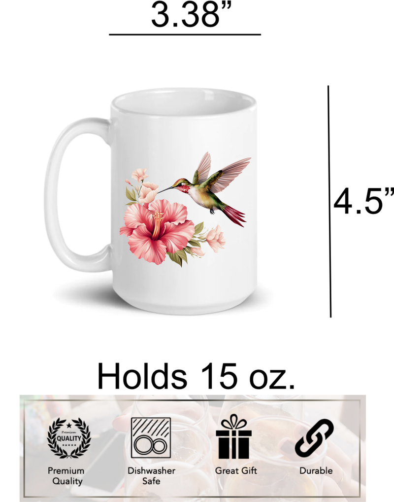 Hummingbird in Flight Flower Beautiful 15 oz Ceramic Coffee Mug - Hummingbird Cup with Flower (H2)