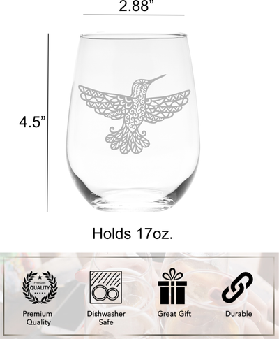 Hummingbird Stemless Wine Glass - Hummingbird Gift for Women and Men - 17 oz. (Style H2)