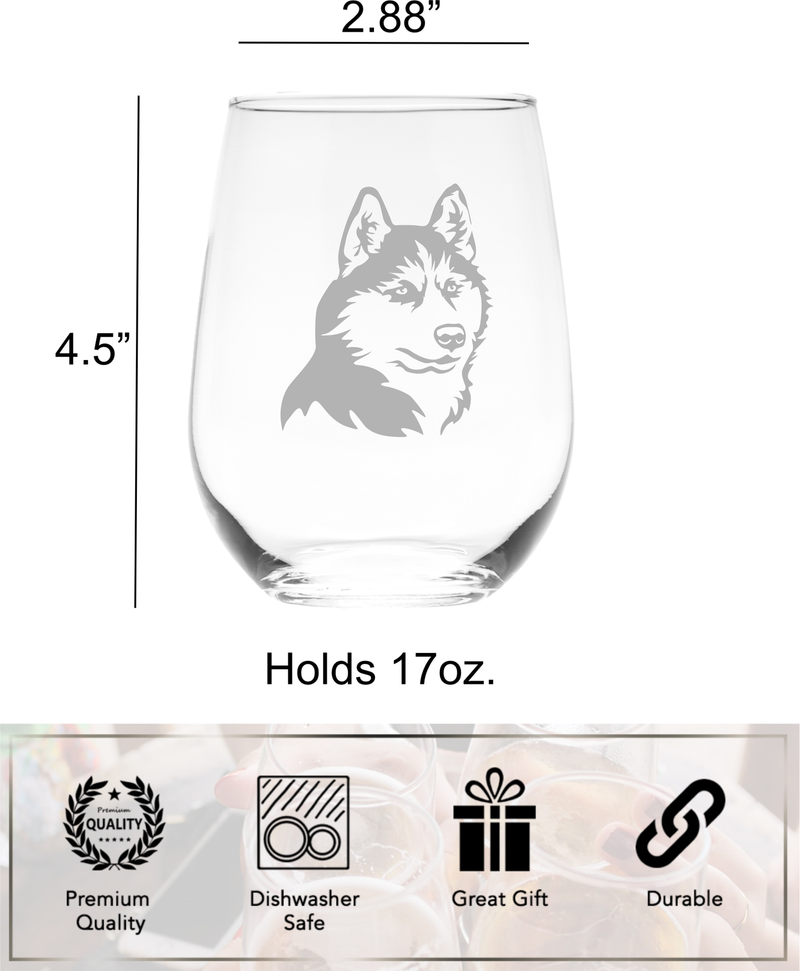 Husky Themed, Dog Stemless Wine Glass - Dog Lover Gift for Men and Women - 17 oz (Style H1)