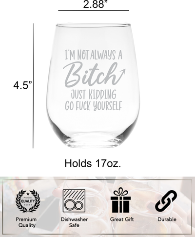 I'm Not Always A B*itch Just Kidding Go F**ck Yourself Stemless Wine Glass - 17 oz.