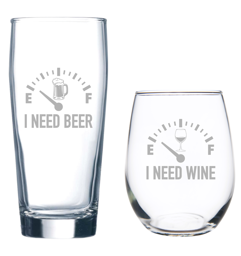 I Need Beer 20 oz. Beer Glass and I Need Wine 15 oz.  Stemless Wine Glass - Set of 2 – Funny Gift for Men and Women