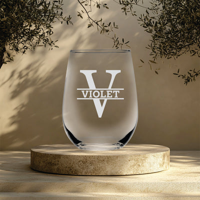 Custom Monogram Initial and Name Stemless Wine Glass -17 oz  -  Groomsman Bridal Wedding Gift for Men and Women