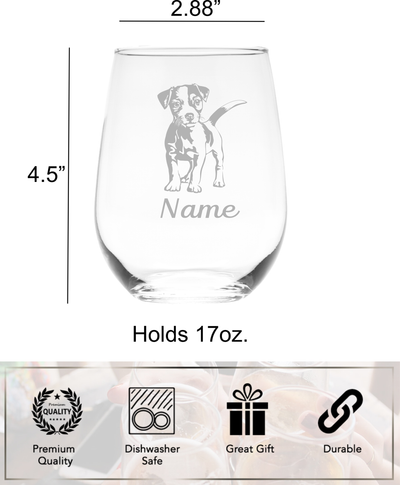 Jack Russell Dog with Name 17 oz.  Custom Stemless Wine Glass - Personalized Jack Russell Dog Themed Gift for Women and Men