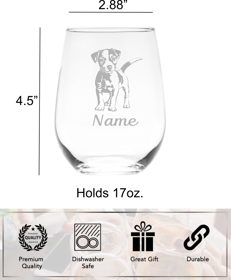 Jack Russell Dog with Name 17 oz.  Custom Stemless Wine Glass - Personalized Jack Russell Dog Themed Gift for Women and Men