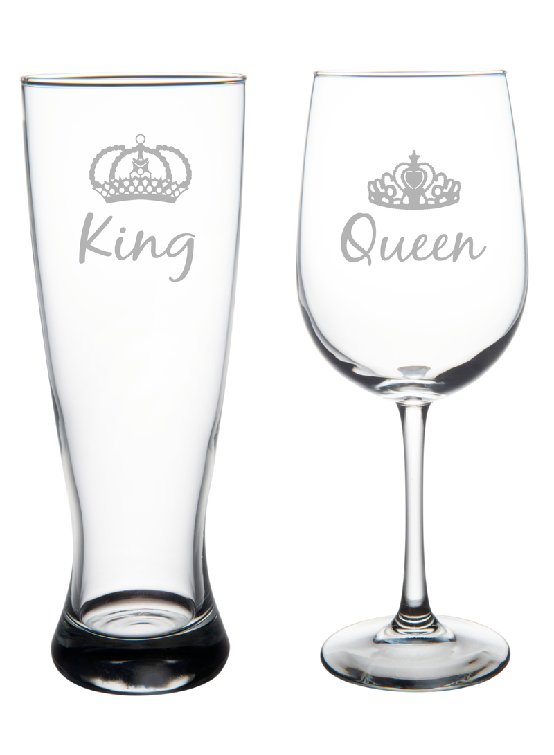 King and Queen with Crowns Wedding Couple Glass Set - 2 Pieces -  23 oz. Beer Pilsner and 19 oz. Wine Glass - Couple Engagement Anniversary