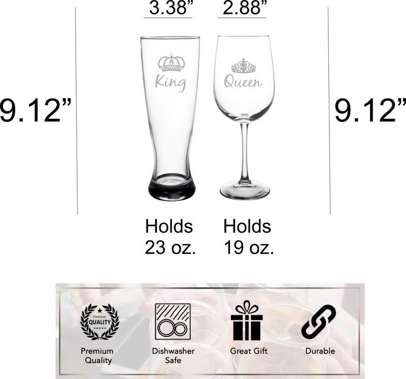 King and Queen with Crowns Wedding Couple Glass Set - 2 Pieces -  23 oz. Beer Pilsner and 19 oz. Wine Glass - Couple Engagement Anniversary