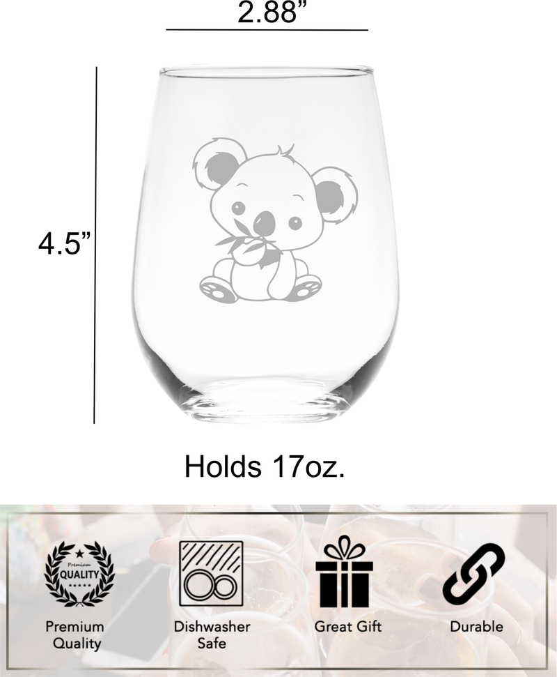 Koala Stemless Wine Glass - Koala Themed Gift for Women and Men -17 oz. (Style K1)