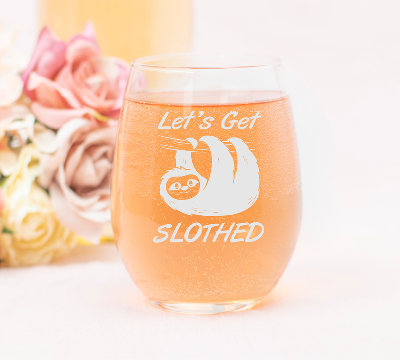 Lets Get Slothed Stemless Wine Glass -Funny Sloth Themed Gift for Women and Men 17 oz.