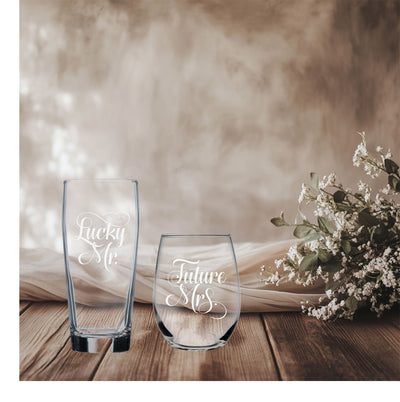 Lucky Mr. 20 oz Beer Glass and Future Mrs. 15 oz. Stemless Wine Glass -  Set of 2 - Gift for Bridal, Engagement and Weddings  (Style LF1)
