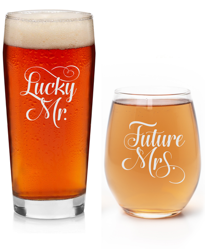 Lucky Mr. 20 oz Beer Glass and Future Mrs. 15 oz. Stemless Wine Glass -  Set of 2 - Gift for Bridal, Engagement and Weddings  (Style LF1)