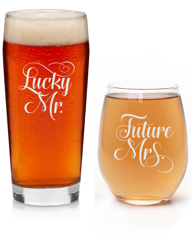 Lucky Mr. 20 oz Beer Glass and Future Mrs. 15 oz. Stemless Wine Glass -  Set of 2 - Gift for Bridal, Engagement and Weddings  (Style LF1)
