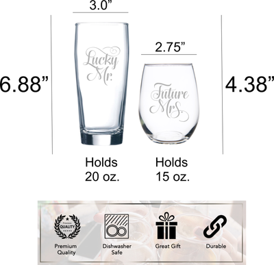 Lucky Mr. 20 oz Beer Glass and Future Mrs. 15 oz. Stemless Wine Glass -  Set of 2 - Gift for Bridal, Engagement and Weddings  (Style LF1)