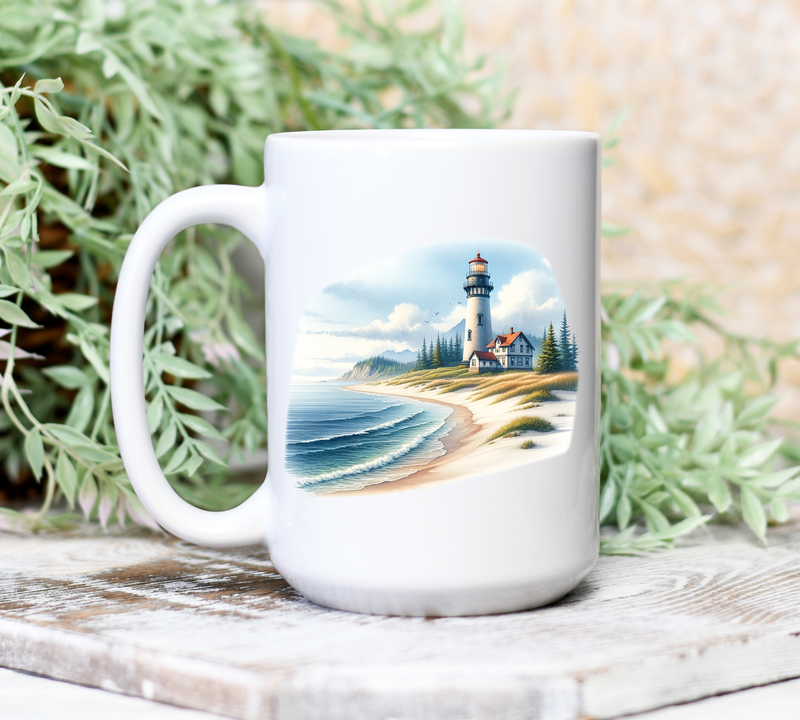 Lighthouse Beach Themed Ocean Lover Ceramic 15oz Coffee Mug Nautical (L1)
