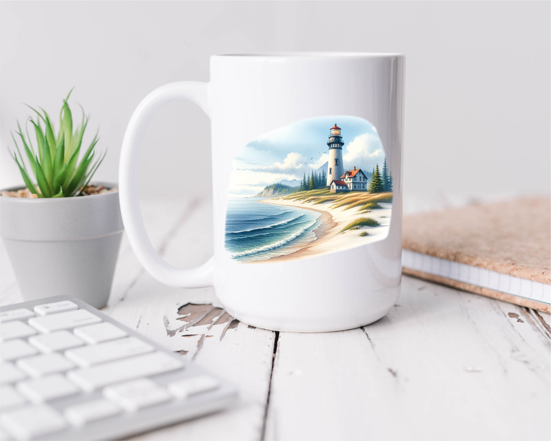 Lighthouse Beach Themed Ocean Lover Ceramic 15oz Coffee Mug Nautical (L1)