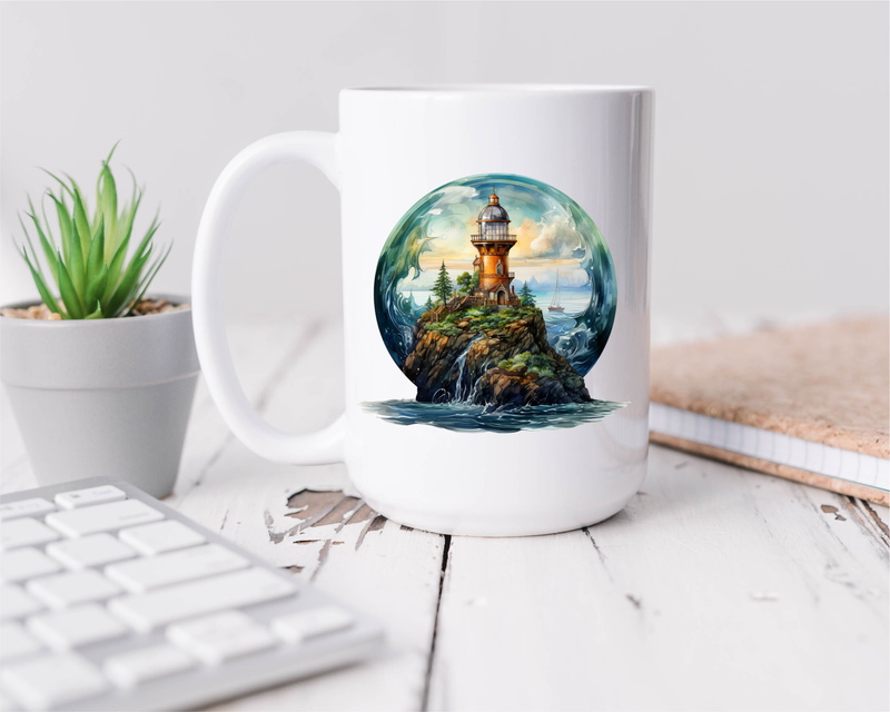 Lighthouse Coffee Mug - 15oz Ceramic Lighthouse Design - Perfect Gift for Lighthouse Lovers, Ocean Decor, Beach House Decor (L2)