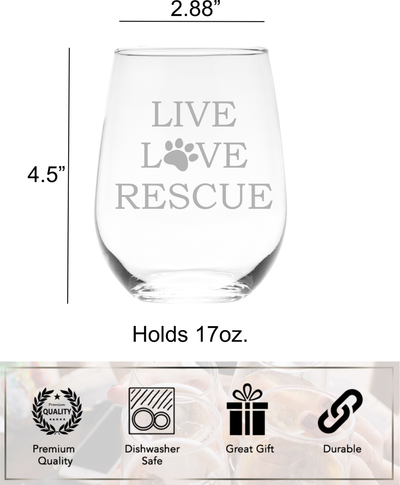 Live Love Rescue Stemless Wine Glass, 17 oz. - Cat and Dog Lover Gift