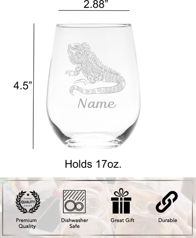 Lizard with Name, 17 oz.  Custom Stemless Wine Glass - Personalized Lizard Themed Gift for Women and Men