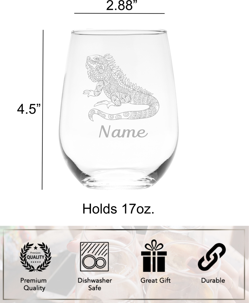 Lizard with Name, 17 oz.  Custom Stemless Wine Glass - Personalized Lizard Themed Gift for Women and Men