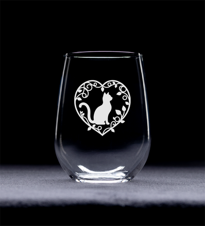 Love Cat Heart Stemless Wine Glass - Cute Cat Lover Gift for Women and Men - 17 oz. ( Style LC1)