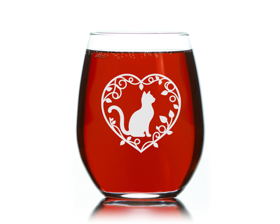 Love Cat Heart Stemless Wine Glass - Cute Cat Lover Gift for Women and Men - 17 oz. ( Style LC1)
