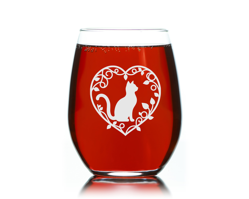 Love Cat Heart Stemless Wine Glass - Cute Cat Lover Gift for Women and Men - 17 oz. ( Style LC1)