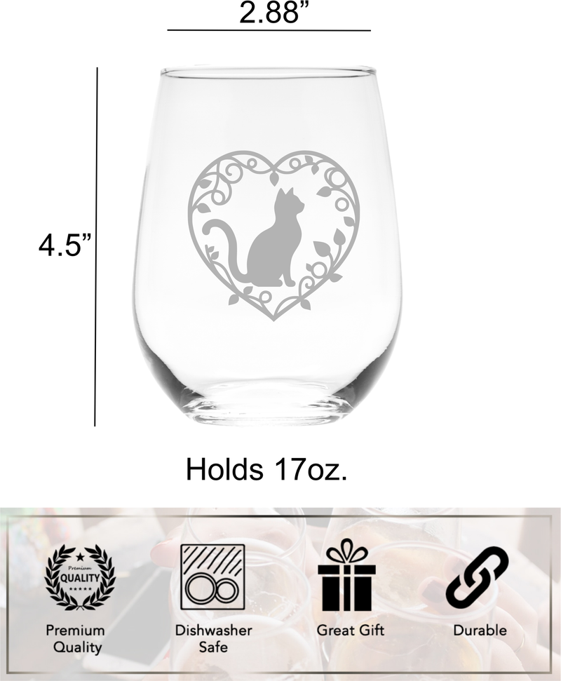 Love Cat Heart Stemless Wine Glass - Cute Cat Lover Gift for Women and Men - 17 oz. ( Style LC1)