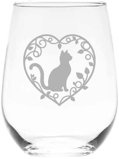 Love Cat Heart Stemless Wine Glass - Cute Cat Lover Gift for Women and Men - 17 oz. ( Style LC1)