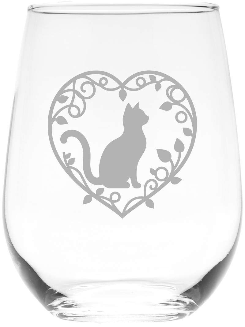 Love Cat Heart Stemless Wine Glass - Cute Cat Lover Gift for Women and Men - 17 oz. ( Style LC1)