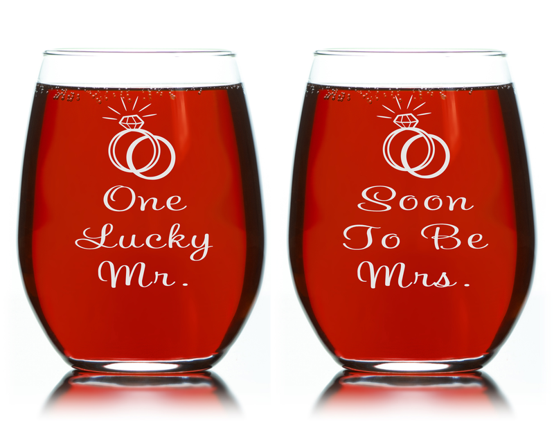 One Lucky Mr.  and Soon to Be Mrs.  Stemless Wine Glass Set – Wedding Engagement Themed Gift for Men and Women - 2 Pieces