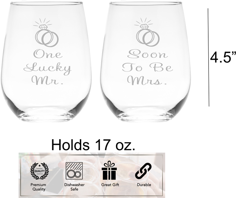 One Lucky Mr.  and Soon to Be Mrs.  Stemless Wine Glass Set – Wedding Engagement Themed Gift for Men and Women - 2 Pieces
