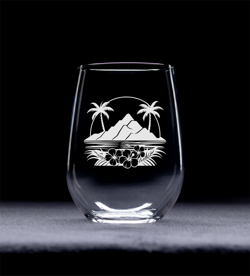 Majestic Volcano and Palm Tree Tropical Paradise Design Stemless Wine Glass - Tropical Themed Gift for Women and Men - 17 oz.