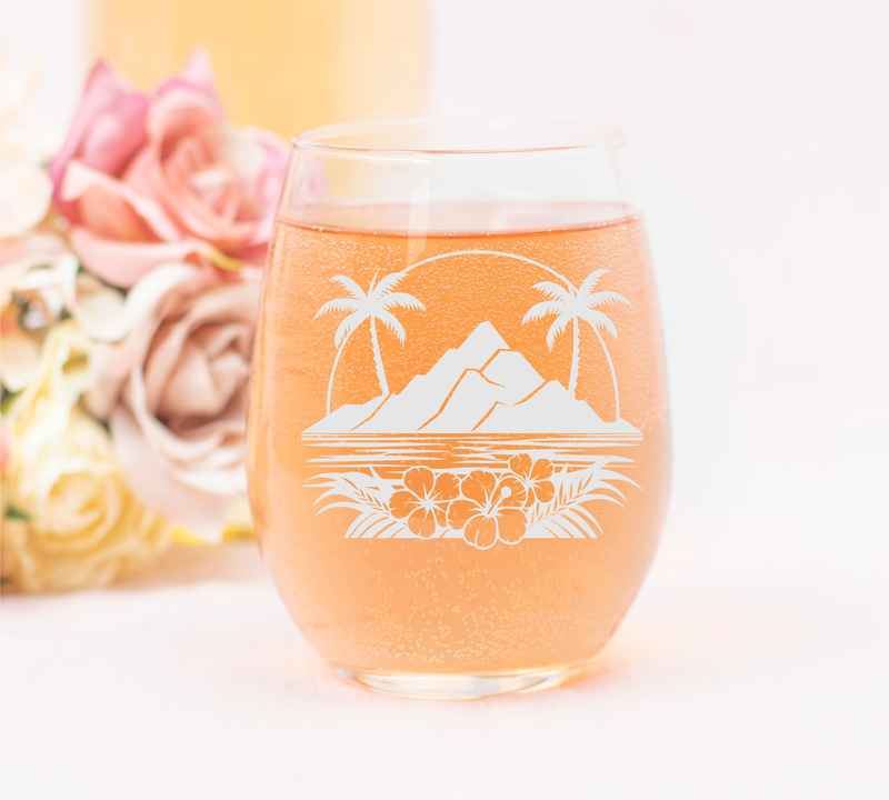 Majestic Volcano and Palm Tree Tropical Paradise Design Stemless Wine Glass - Tropical Themed Gift for Women and Men - 17 oz.
