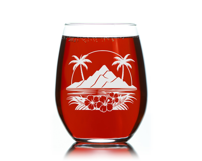 Majestic Volcano and Palm Tree Tropical Paradise Design Stemless Wine Glass - Tropical Themed Gift for Women and Men - 17 oz.