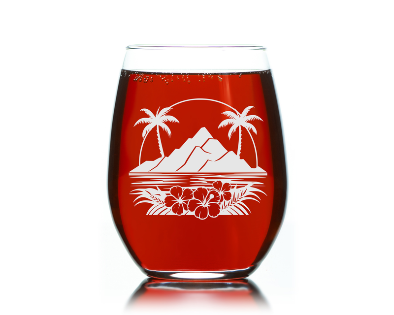 Majestic Volcano and Palm Tree Tropical Paradise Design Stemless Wine Glass - Tropical Themed Gift for Women and Men - 17 oz.