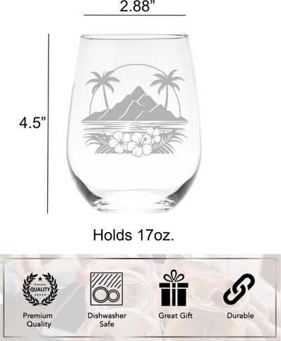 Majestic Volcano and Palm Tree Tropical Paradise Design Stemless Wine Glass - Tropical Themed Gift for Women and Men - 17 oz.