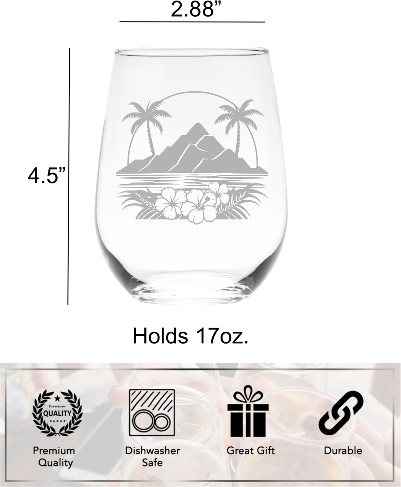 Majestic Volcano and Palm Tree Tropical Paradise Design Stemless Wine Glass - Tropical Themed Gift for Women and Men - 17 oz.