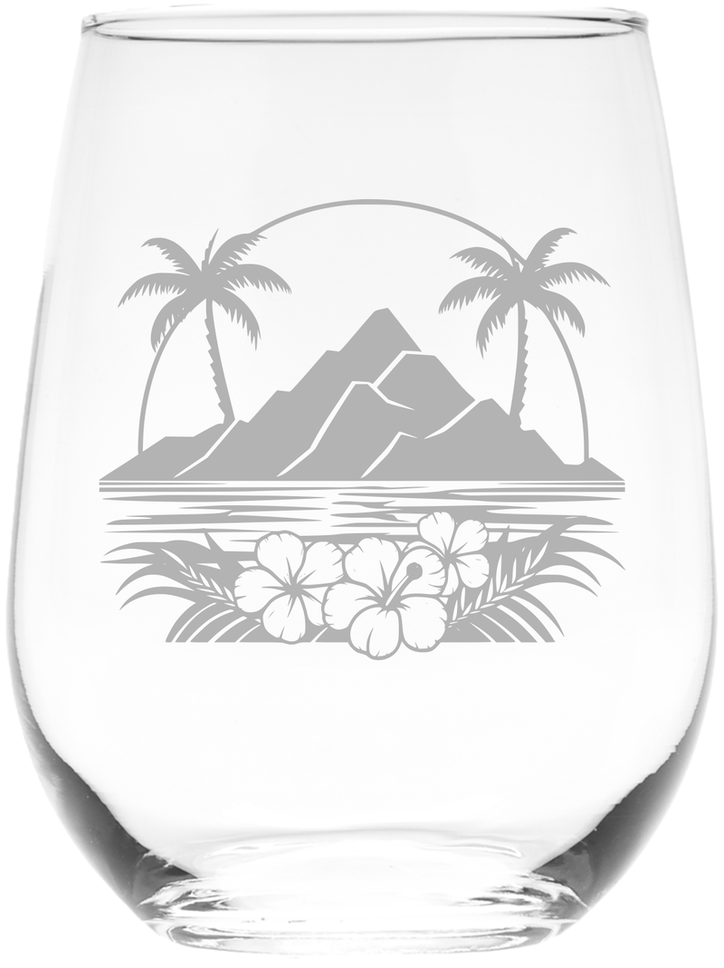 Majestic Volcano and Palm Tree Tropical Paradise Design Stemless Wine Glass - Tropical Themed Gift for Women and Men - 17 oz.