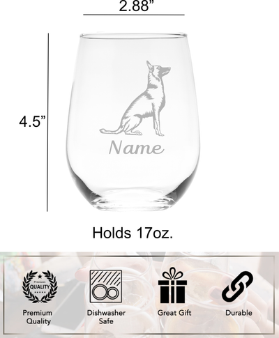 Malinois Dog with Name 17 oz.  Custom Stemless Wine Glass - Personalized Malinois Dog Themed Gift for Women and Men