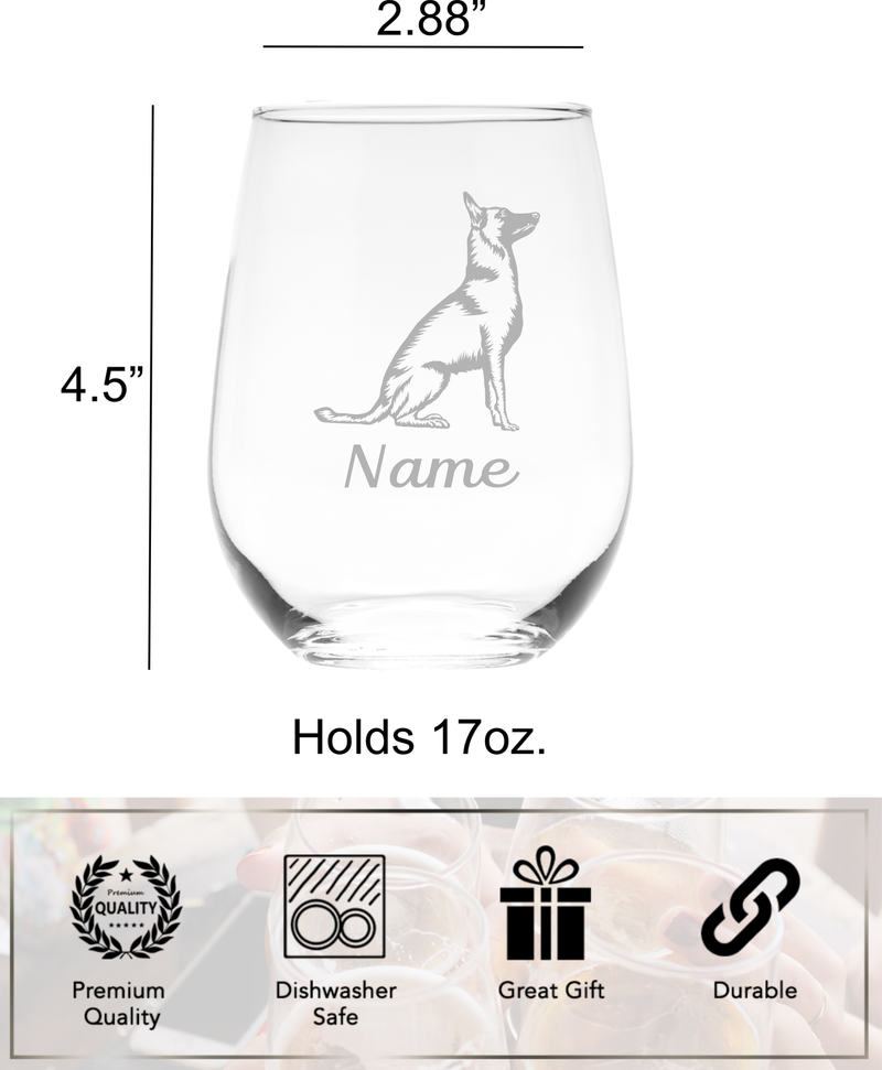 Malinois Dog with Name 17 oz.  Custom Stemless Wine Glass - Personalized Malinois Dog Themed Gift for Women and Men