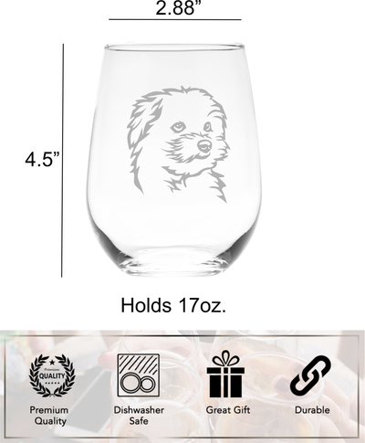 Maltese Themed, Dog Stemless Wine Glass  -  Dog Lover Gift for Men and Women 17 oz. (Style M3)