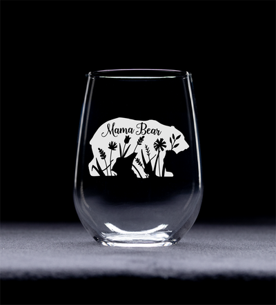 Mama Bear With Flowers Stemless Wine Glass - Cute Mom Bear Themed Gift for Women -  17 oz.