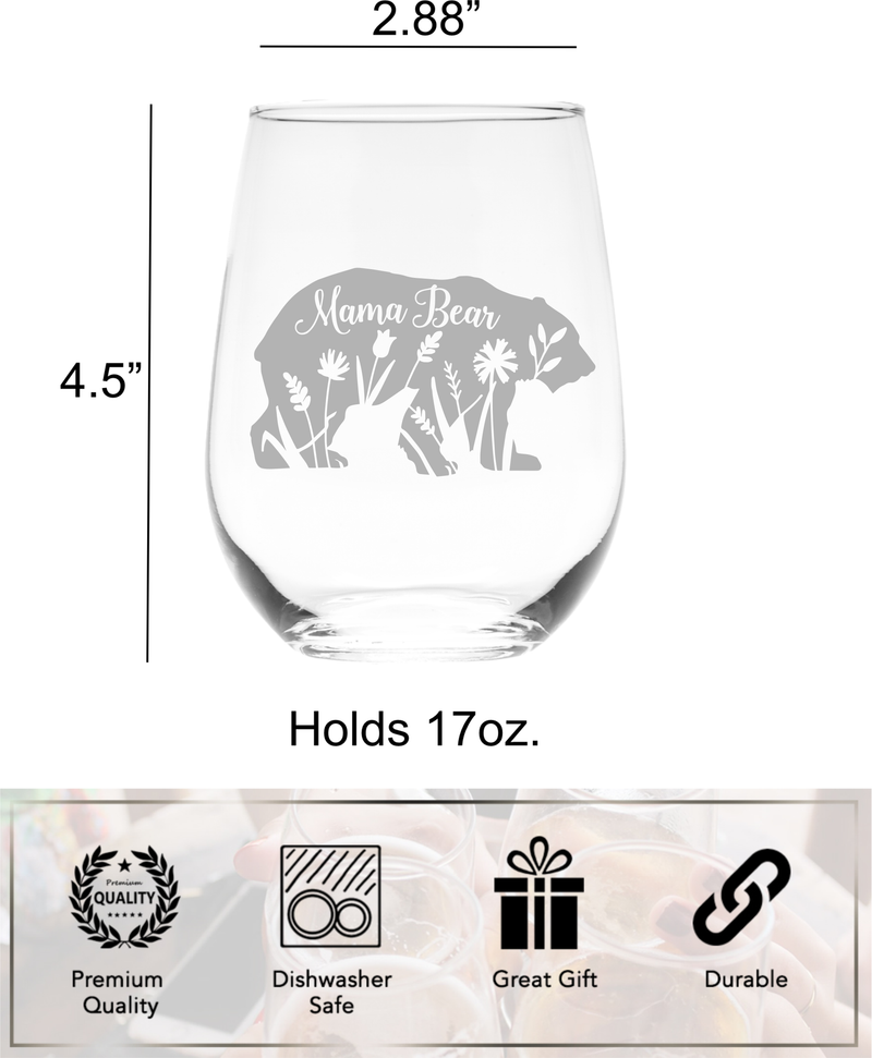 Mama Bear With Flowers Stemless Wine Glass - Cute Mom Bear Themed Gift for Women -  17 oz.