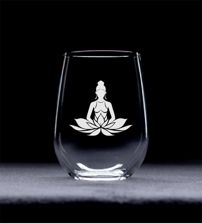 Mediating Lotus Woman Yoga Meditation Design Stemless Wine Glass - Yoga Themed Gift for Women and Men -17 oz.