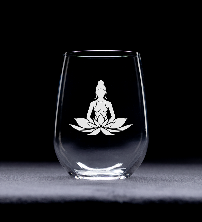 Mediating Lotus Woman Yoga Meditation Design Stemless Wine Glass - Yoga Themed Gift for Women and Men -17 oz.