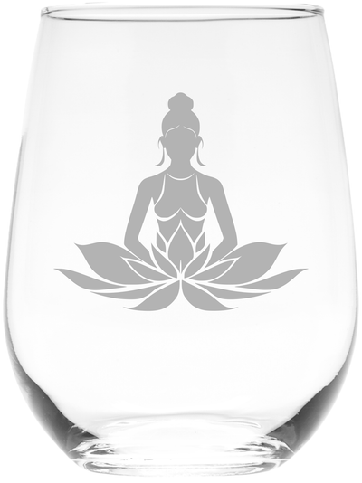 Mediating Lotus Woman Yoga Meditation Design Stemless Wine Glass - Yoga Themed Gift for Women and Men -17 oz.