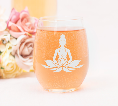 Mediating Lotus Woman Yoga Meditation Design Stemless Wine Glass - Yoga Themed Gift for Women and Men -17 oz.
