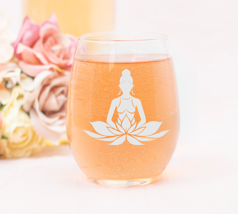 Mediating Lotus Woman Yoga Meditation Design Stemless Wine Glass - Yoga Themed Gift for Women and Men -17 oz.